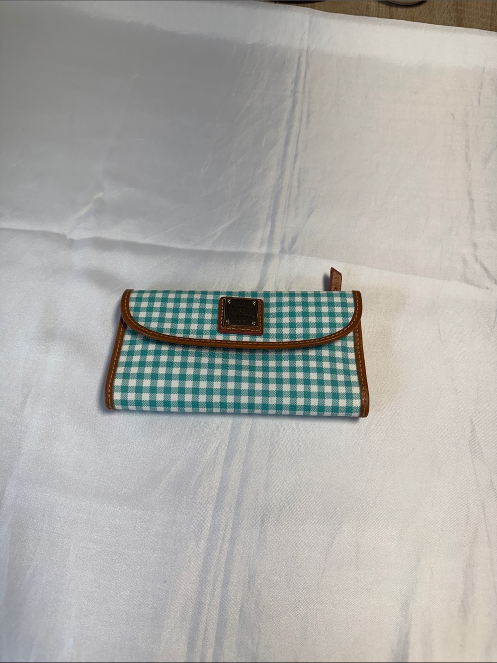 Dooney & Bourke Teal Gingham Foldover Wallet with Brown Trim